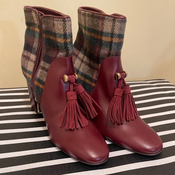NWOT Fratelli Rosetti Burgundy Flannel Tassel Boots sz 40.5 - Picture 1 of 11